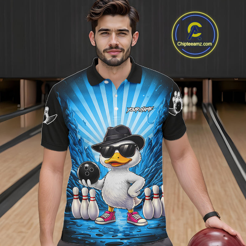 Blue Funny Duck Bowling Jersey Custom Graffiti Bowling Shirt Team Polo & 1/4 Zip Shirt