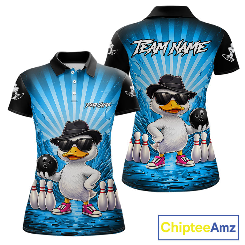 Blue Funny Duck Bowling Jersey Custom Graffiti Bowling Shirt Team Polo & 1/4 Zip Shirt