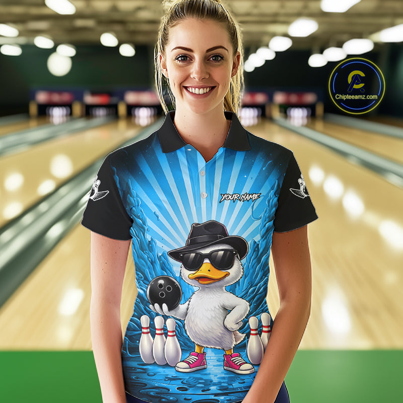Blue Funny Duck Bowling Jersey Custom Graffiti Bowling Shirt Team Polo & 1/4 Zip Shirt