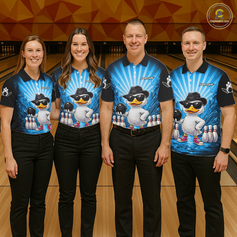 Blue Funny Duck Bowling Jersey Custom Graffiti Bowling Shirt Team Polo & 1/4 Zip Shirt