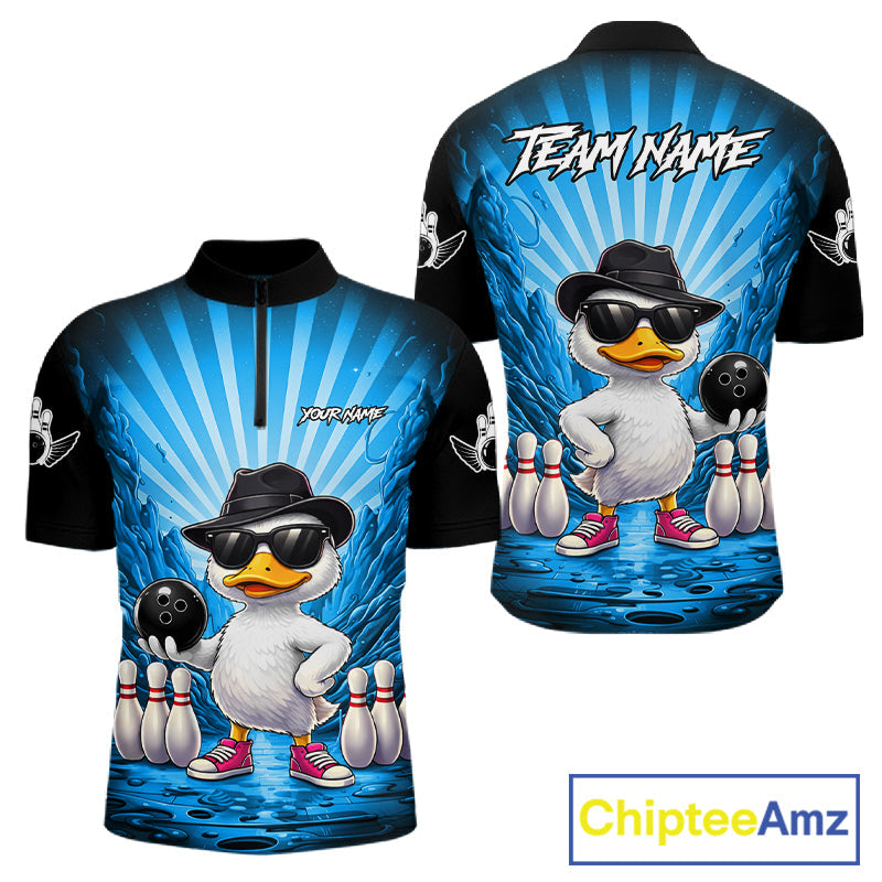 Blue Funny Duck Bowling Jersey Custom Graffiti Bowling Shirt Team Polo & 1/4 Zip Shirt