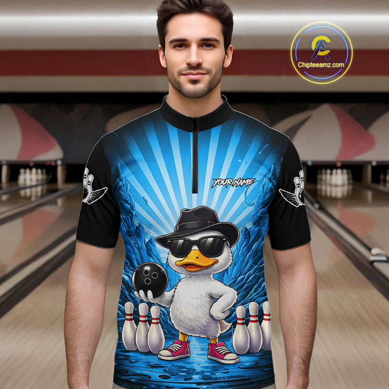 Blue Funny Duck Bowling Jersey Custom Graffiti Bowling Shirt Team Polo & 1/4 Zip Shirt