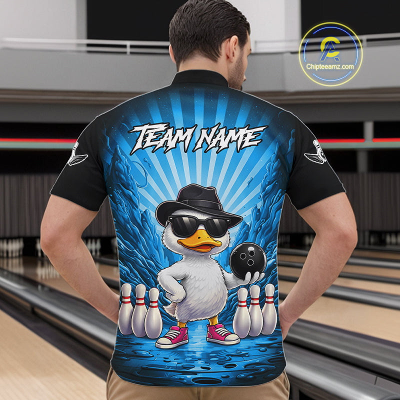 Blue Funny Duck Bowling Jersey Custom Graffiti Bowling Shirt Team Polo & 1/4 Zip Shirt