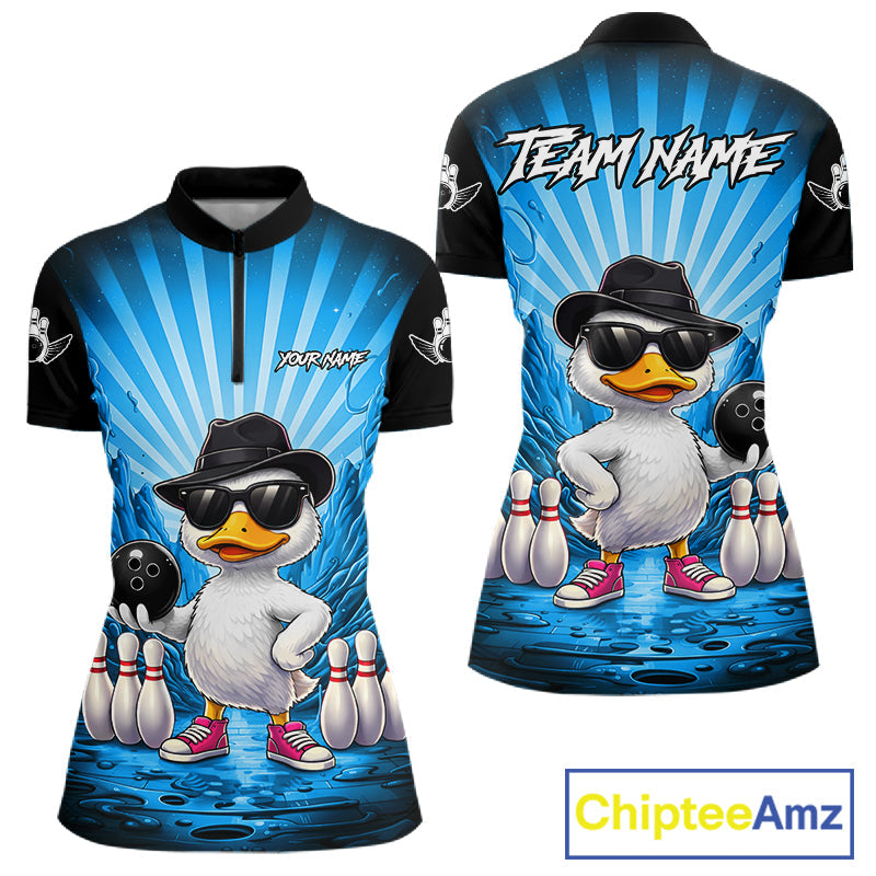 Blue Funny Duck Bowling Jersey Custom Graffiti Bowling Shirt Team Polo & 1/4 Zip Shirt