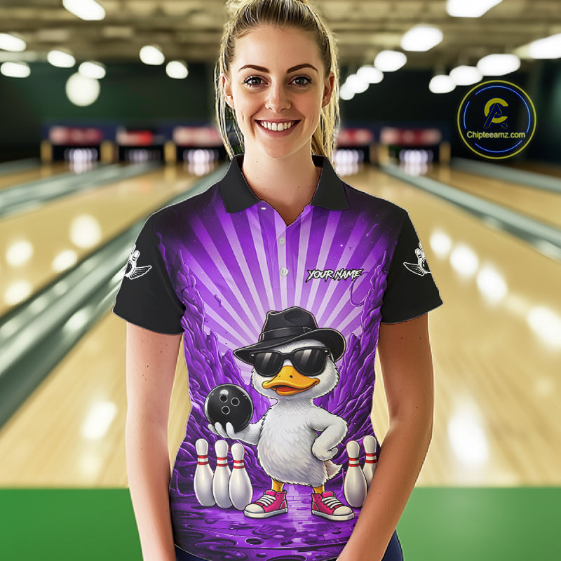 Purple Funny Duck Bowling Jersey Custom Graffiti Bowling Shirt Team Polo & 1/4 Zip Shirt