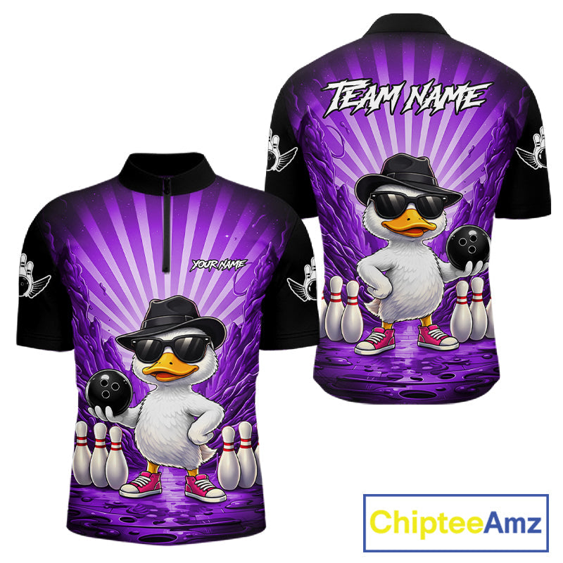 Purple Funny Duck Bowling Jersey Custom Graffiti Bowling Shirt Team Polo & 1/4 Zip Shirt