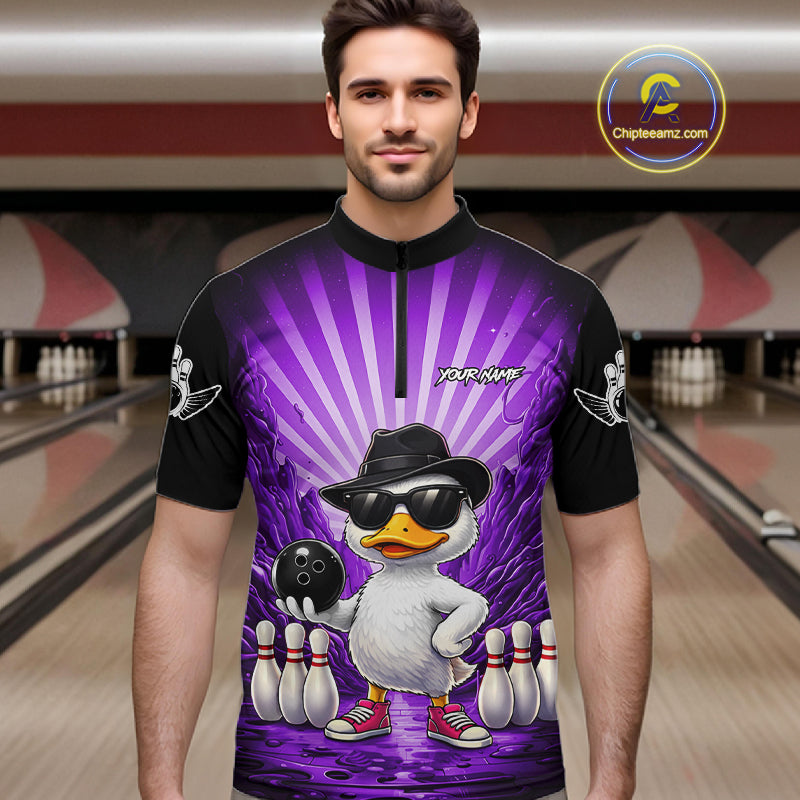 Purple Funny Duck Bowling Jersey Custom Graffiti Bowling Shirt Team Polo & 1/4 Zip Shirt