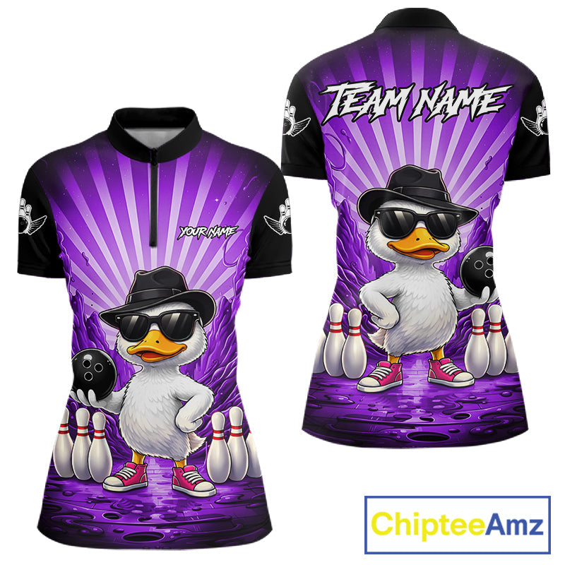 Purple Funny Duck Bowling Jersey Custom Graffiti Bowling Shirt Team Polo & 1/4 Zip Shirt
