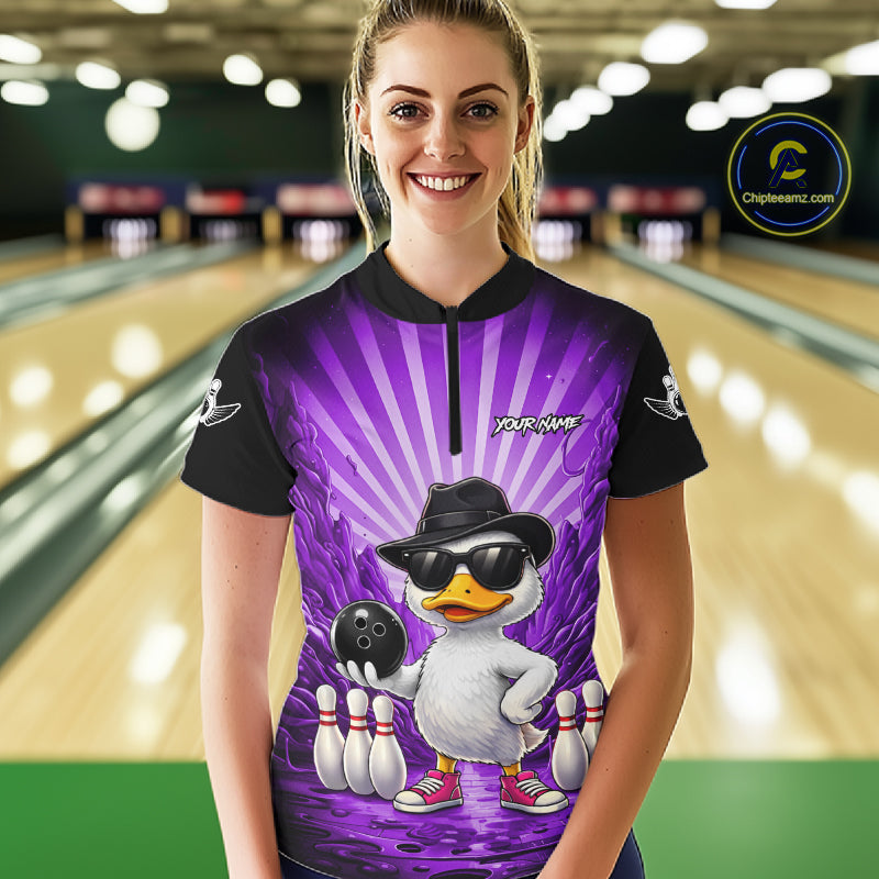 Purple Funny Duck Bowling Jersey Custom Graffiti Bowling Shirt Team Polo & 1/4 Zip Shirt
