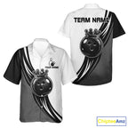 Black, White And Grey Crown Bowling Hawaiian Shirt For Custom Bowling Team Button Up Jersey