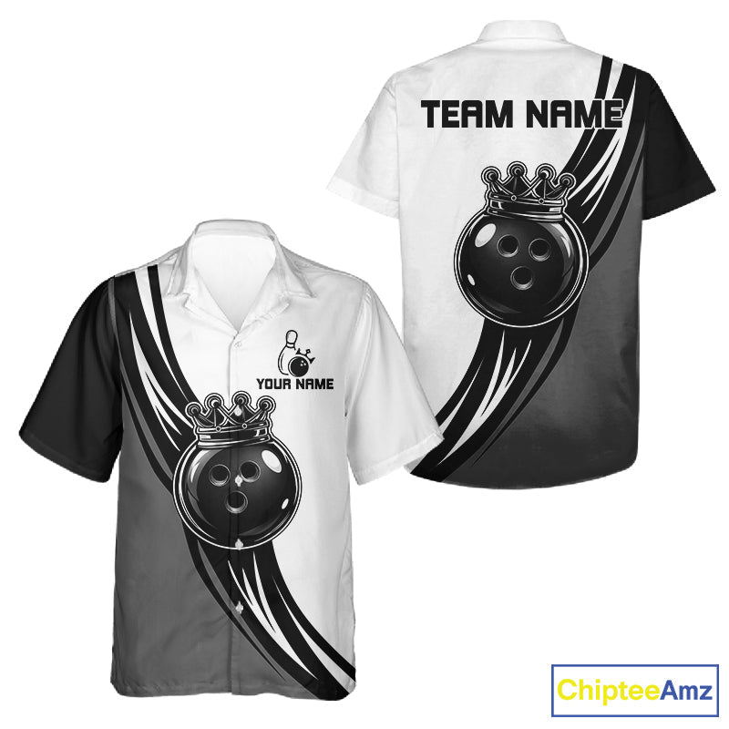 Black, White And Grey Crown Bowling Hawaiian Shirt For Custom Bowling Team Button Up Jersey