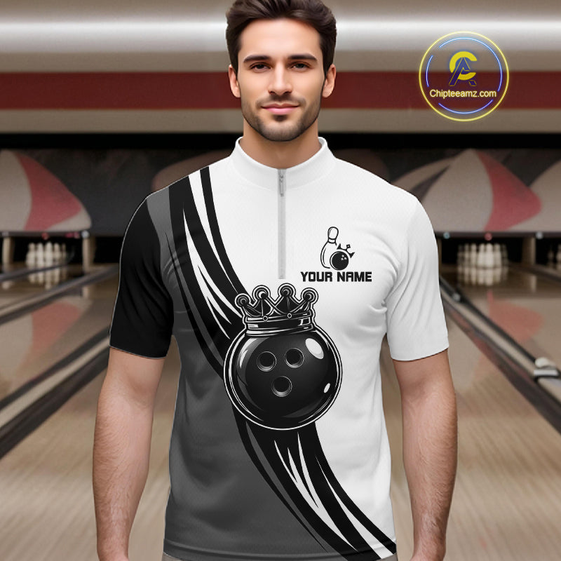 Black And White And Grey Crown Bowling Shirts Custom Bowling Team Jersey Polo & 1/4 Zip