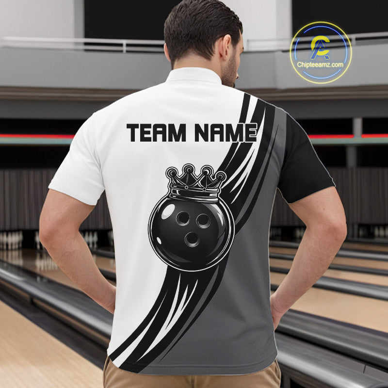 Black And White And Grey Crown Bowling Shirts Custom Bowling Team Jersey Polo & 1/4 Zip