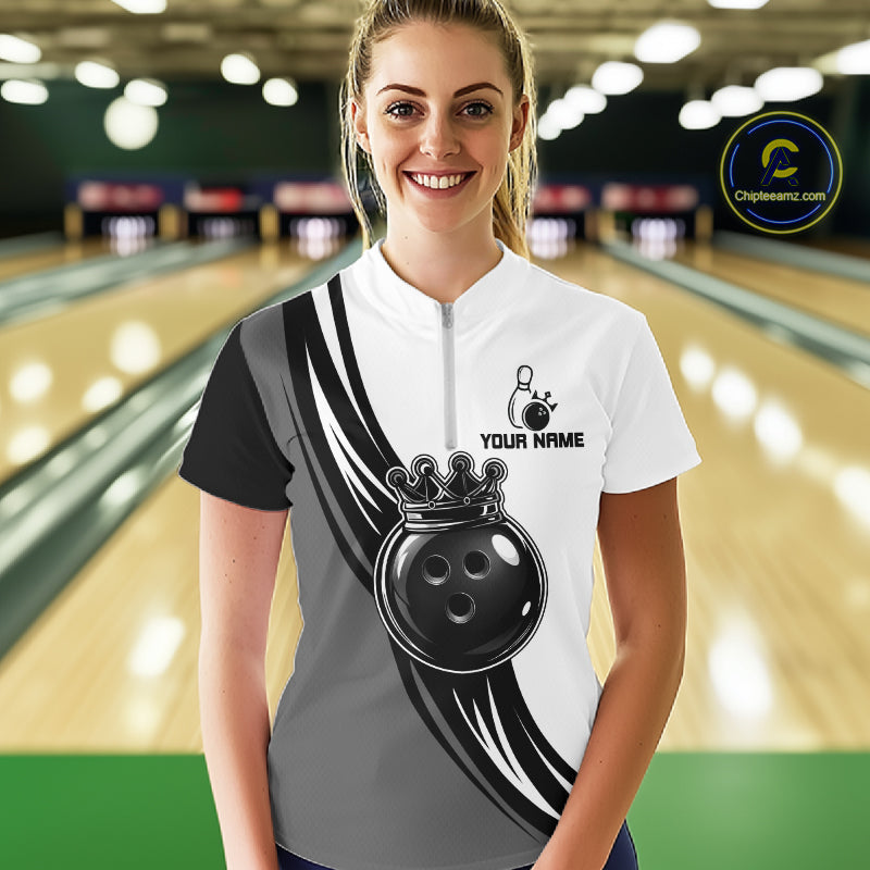 Black, White And Grey Crown Bowling Shirts Custom Bowling Team Jersey Polo & 1/4 Zip