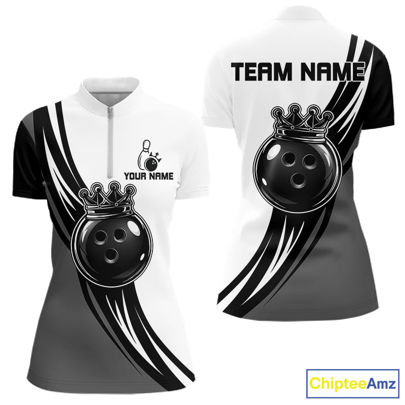 Black, White And Grey Crown Bowling Shirts Custom Bowling Team Jersey Polo & 1/4 Zip