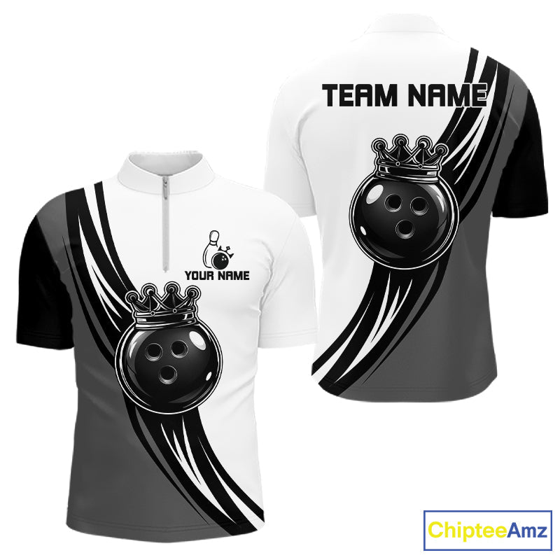 Black And White And Grey Crown Bowling Shirts Custom Bowling Team Jersey Polo & 1/4 Zip