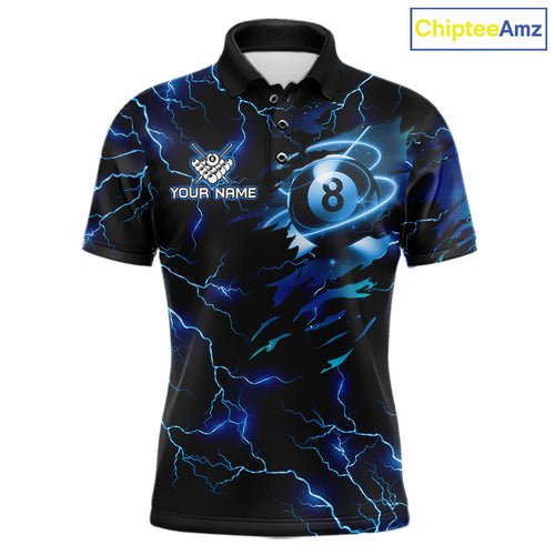 Blue 8 Ball Pool Lighting Billiard Shirt Custom Glowing Billiard Team Jersey Polo, 1/4 Zip