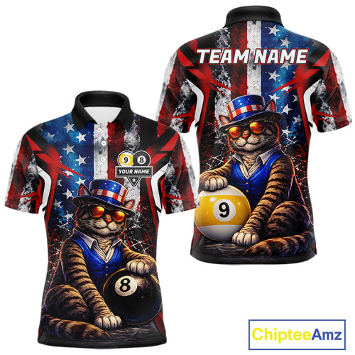 Funny Cat 8 Ball & 9 Ball Billiard Shirt Custom Vintage American Flag Pool Team Jersey