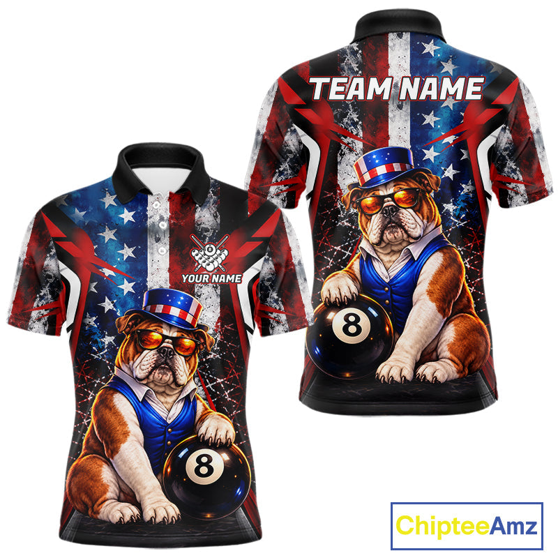 Funny Bulldog 8 Ball Billiard Shirt Custom Vintage US Flag Pool Team Jersey Polo & 1/4 Zip