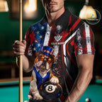 Funny Bulldog 8 Ball Billiard Shirt Custom Vintage US Flag Pool Team Jersey Polo & 1/4 Zip
