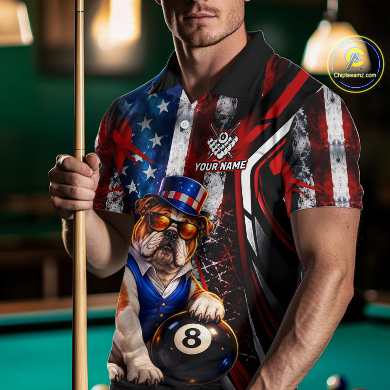 Funny Bulldog 8 Ball Billiard Shirt Custom Vintage US Flag Pool Team Jersey Polo & 1/4 Zip
