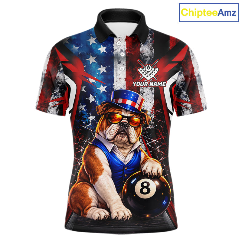 Funny Bulldog 8 Ball Billiard Shirt Custom Vintage US Flag Pool Team Jersey Polo & 1/4 Zip