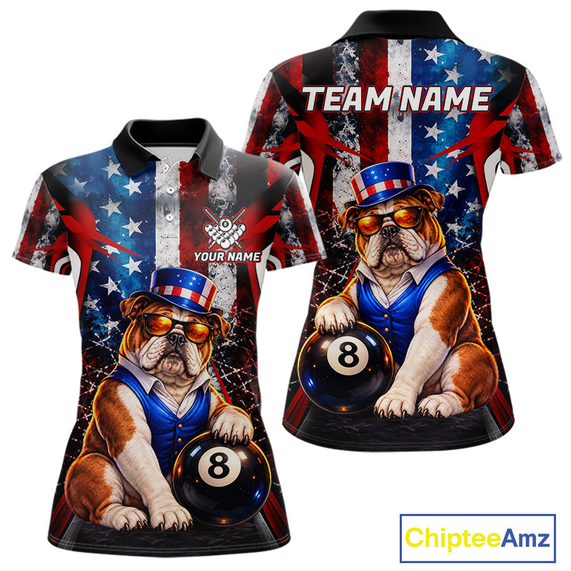 Funny Bulldog 8 Ball Billiard Shirt Custom Vintage US Flag Pool Team Jersey Polo & 1/4 Zip