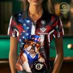 Funny Bulldog 8 Ball Billiard Shirt Custom Vintage US Flag Pool Team Jersey Polo & 1/4 Zip