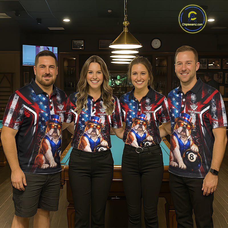 Funny Bulldog 8 Ball Billiard Shirt Custom Vintage US Flag Pool Team Jersey Polo & 1/4 Zip