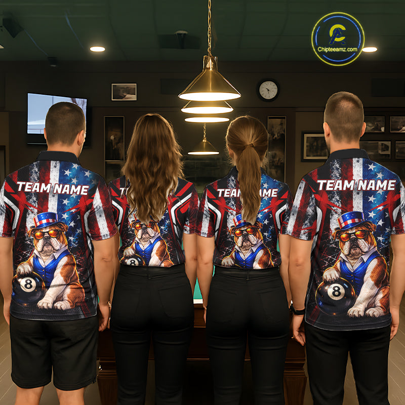 Funny Bulldog 8 Ball Billiard Shirt Custom Vintage US Flag Pool Team Jersey Polo & 1/4 Zip