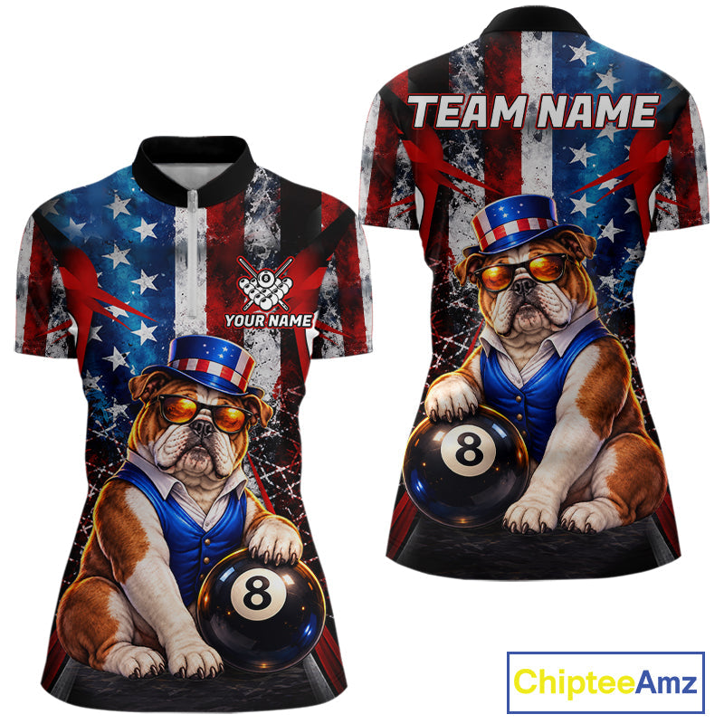 Funny Bulldog 8 Ball Billiard Shirt Custom Vintage US Flag Pool Team Jersey Polo & 1/4 Zip