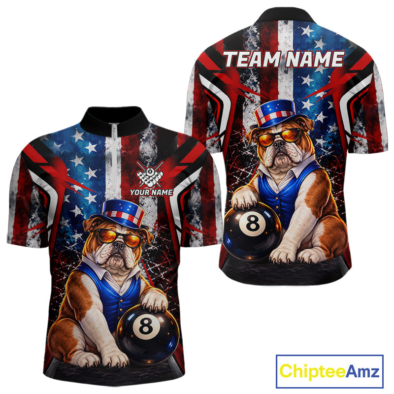 Funny Bulldog 8 Ball Billiard Shirt Custom Vintage US Flag Pool Team Jersey Polo & 1/4 Zip