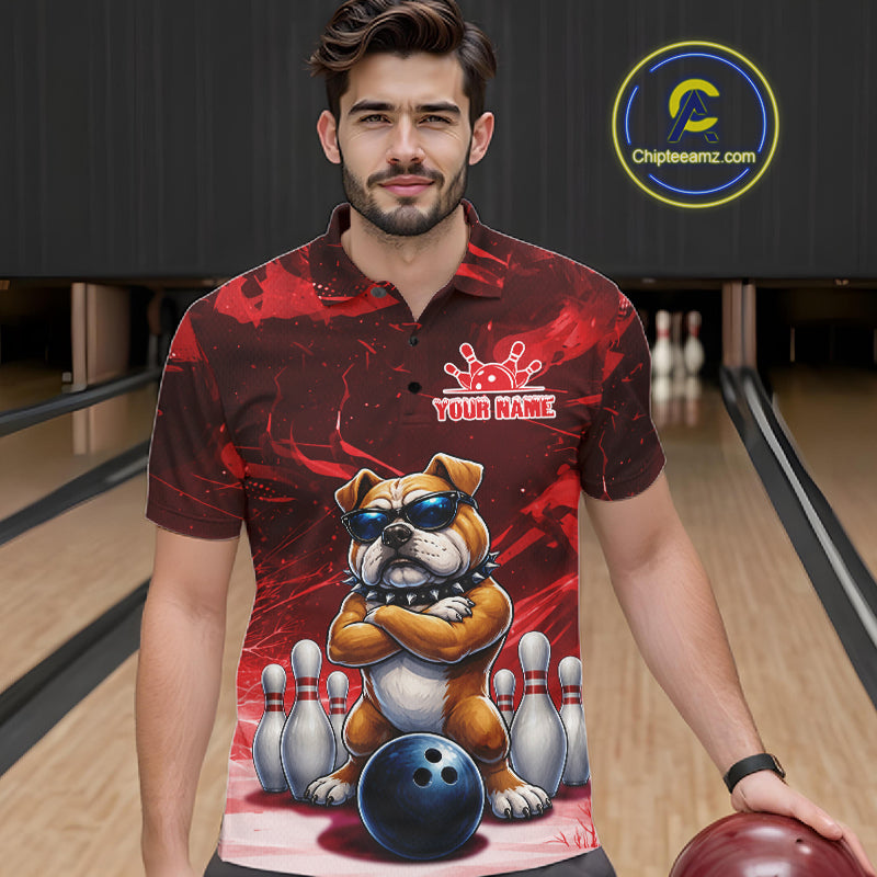 Personalized Red Funny Bulldog Bowling Shirt Custom Bowling Team Jersey Polo & 1/4 Zip