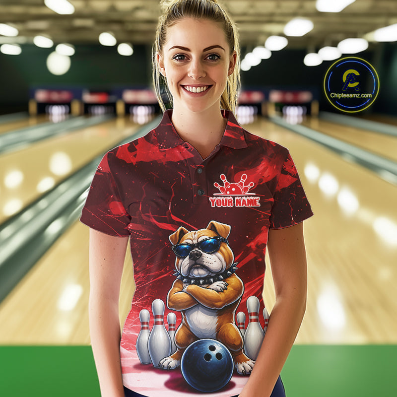 Personalized Red Funny Bulldog Bowling Shirt Custom Bowling Team Jersey Polo & 1/4 Zip