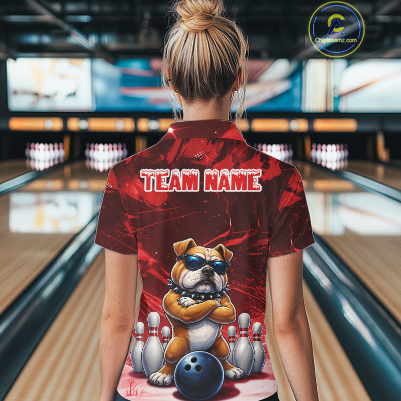 Personalized Red Funny Bulldog Bowling Shirt Custom Bowling Team Jersey Polo & 1/4 Zip