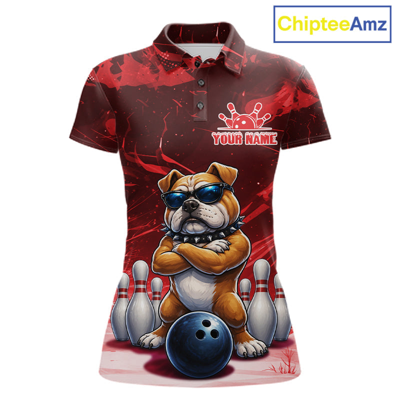 Personalized Red Funny Bulldog Bowling Shirt Custom Bowling Team Jersey Polo & 1/4 Zip