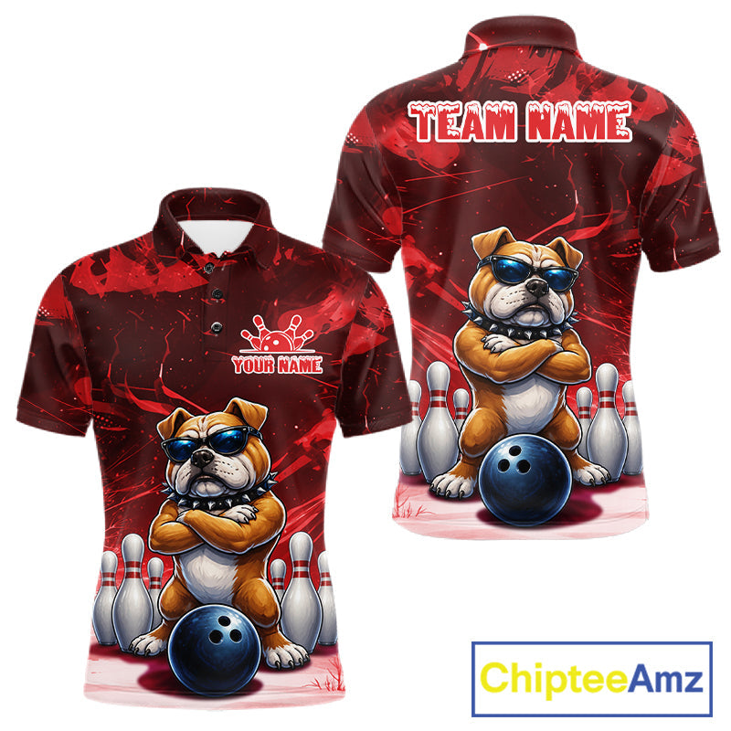 Personalized Red Funny Bulldog Bowling Shirt Custom Bowling Team Jersey Polo & 1/4 Zip