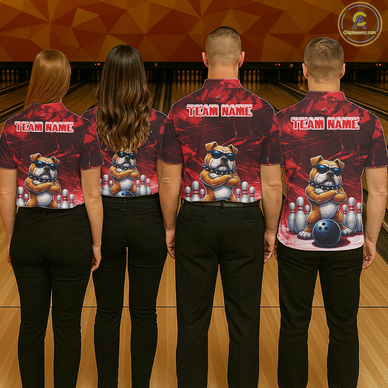 Personalized Red Funny Bulldog Bowling Shirt Custom Bowling Team Jersey Polo & 1/4 Zip