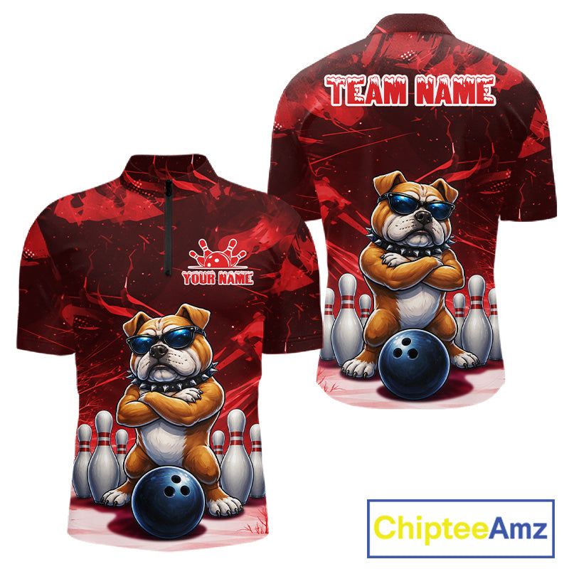 Personalized Red Funny Bulldog Bowling Shirt Custom Bowling Team Jersey Polo & 1/4 Zip