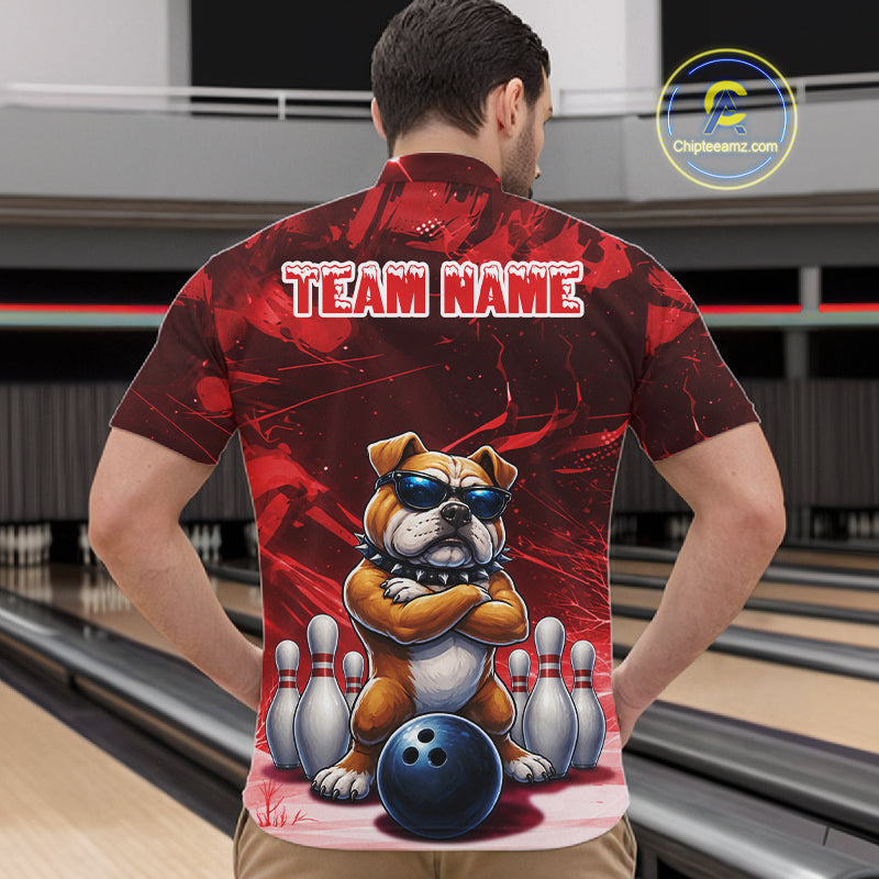Personalized Red Funny Bulldog Bowling Shirt Custom Bowling Team Jersey Polo & 1/4 Zip