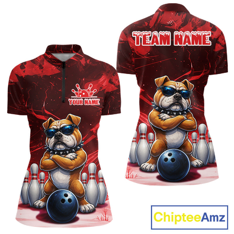 Personalized Red Funny Bulldog Bowling Shirt Custom Bowling Team Jersey Polo & 1/4 Zip