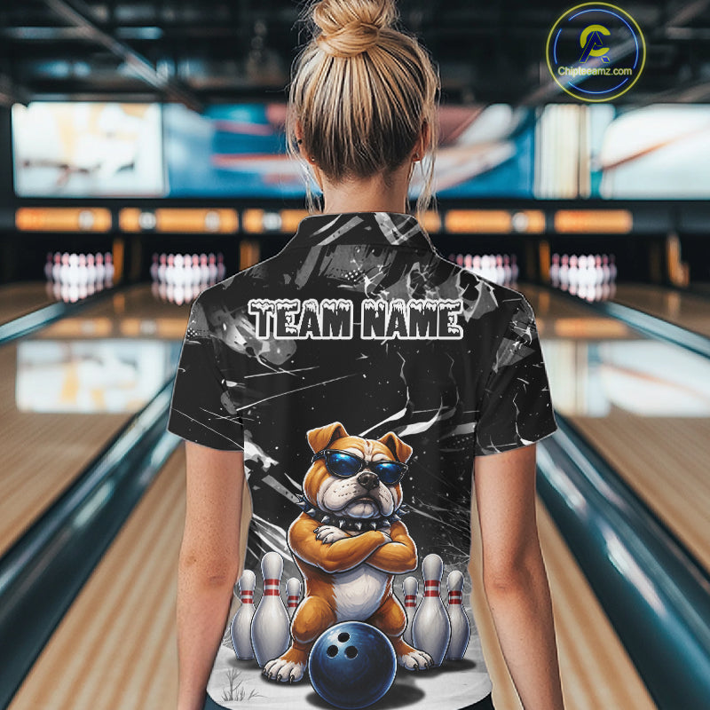 Personalized Black Funny Bulldog Bowling Shirt Custom Bowling Team Jersey Polo & 1/4 Zip