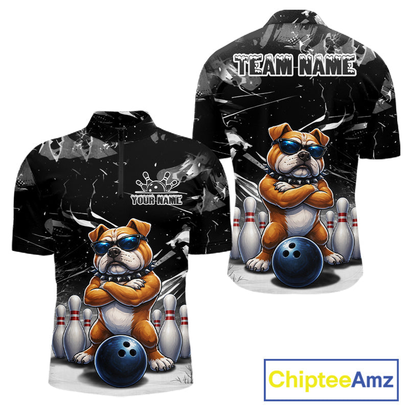 Personalized Black Funny Bulldog Bowling Shirt Custom Bowling Team Jersey Polo & 1/4 Zip