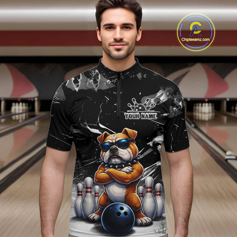 Personalized Black Funny Bulldog Bowling Shirt Custom Bowling Team Jersey Polo & 1/4 Zip