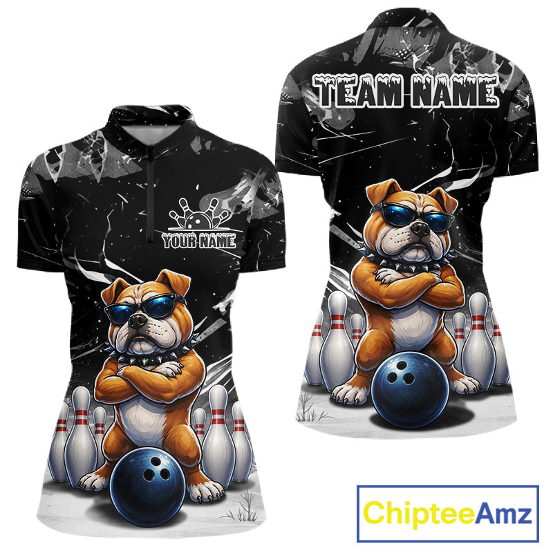 Personalized Black Funny Bulldog Bowling Shirt Custom Bowling Team Jersey Polo & 1/4 Zip