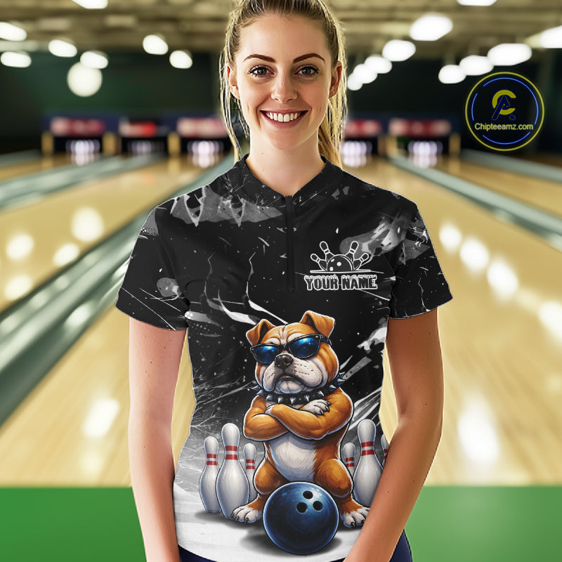 Personalized Black Funny Bulldog Bowling Shirt Custom Bowling Team Jersey Polo & 1/4 Zip