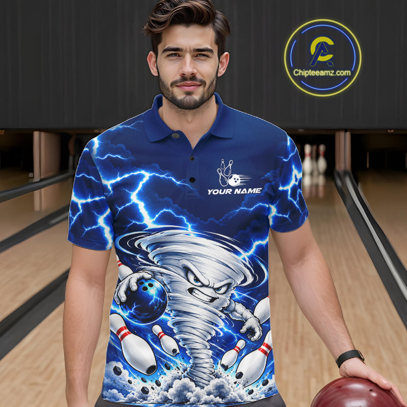 Blue Lightning Thunder Funny Tornado Bowling Shirt Custom Bowling Jersey Polo & 1/4 Zip