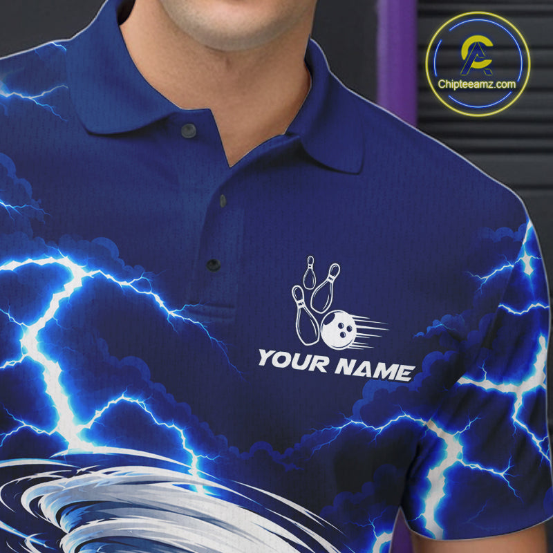 Blue Lightning Thunder Funny Tornado Bowling Shirt Custom Bowling Jersey Polo & 1/4 Zip