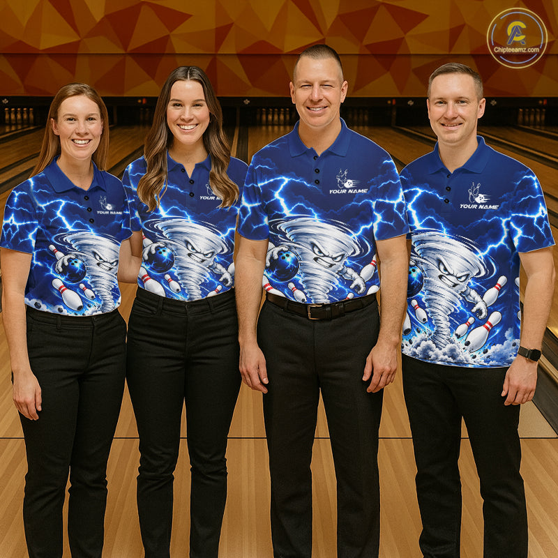 Blue Lightning Thunder Funny Tornado Bowling Shirt Custom Bowling Jersey Polo & 1/4 Zip