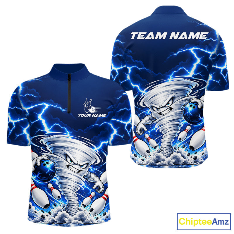 Blue Lightning Thunder Funny Tornado Bowling Shirt Custom Bowling Jersey Polo & 1/4 Zip
